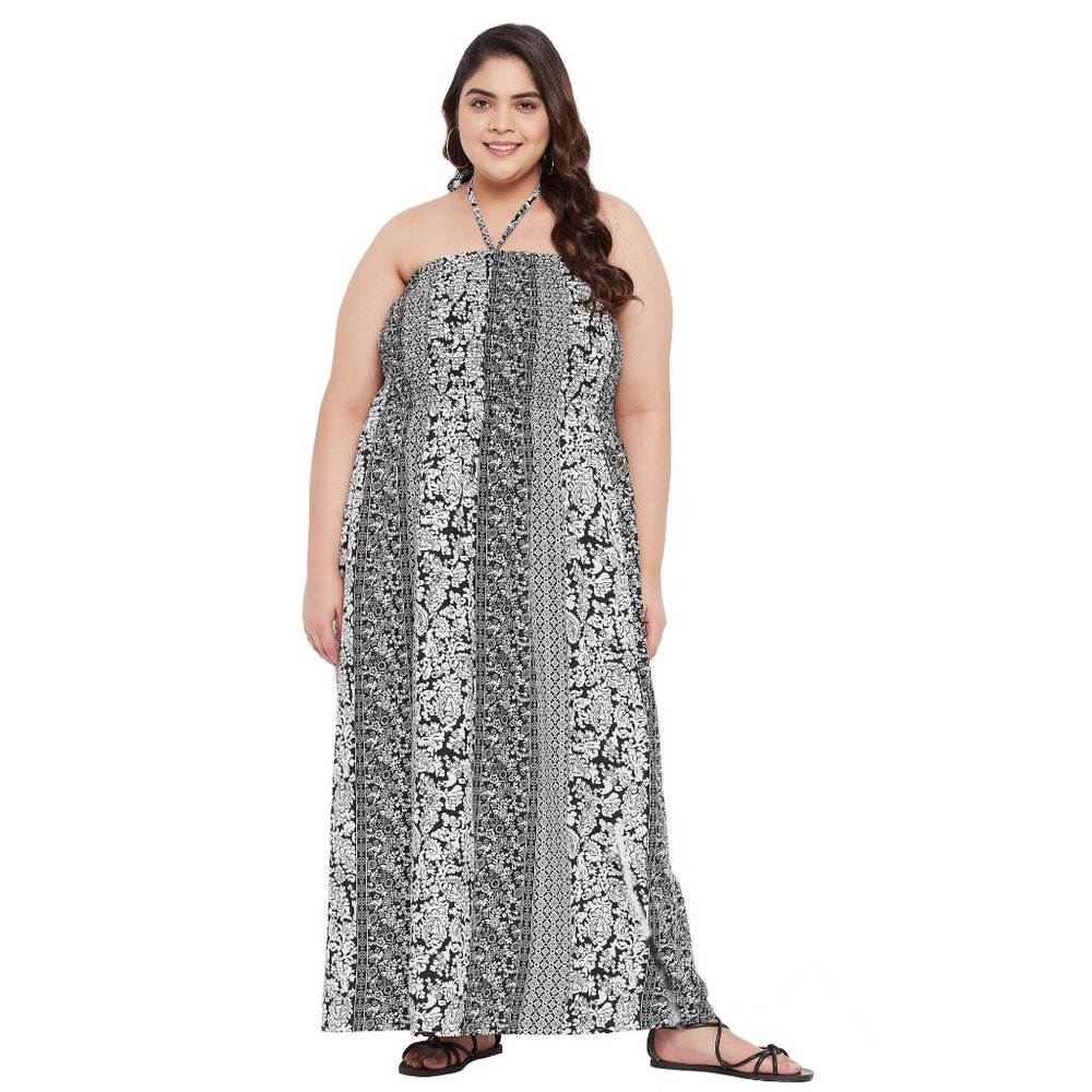 Floral Print Black Polyester Tube Dress for Women